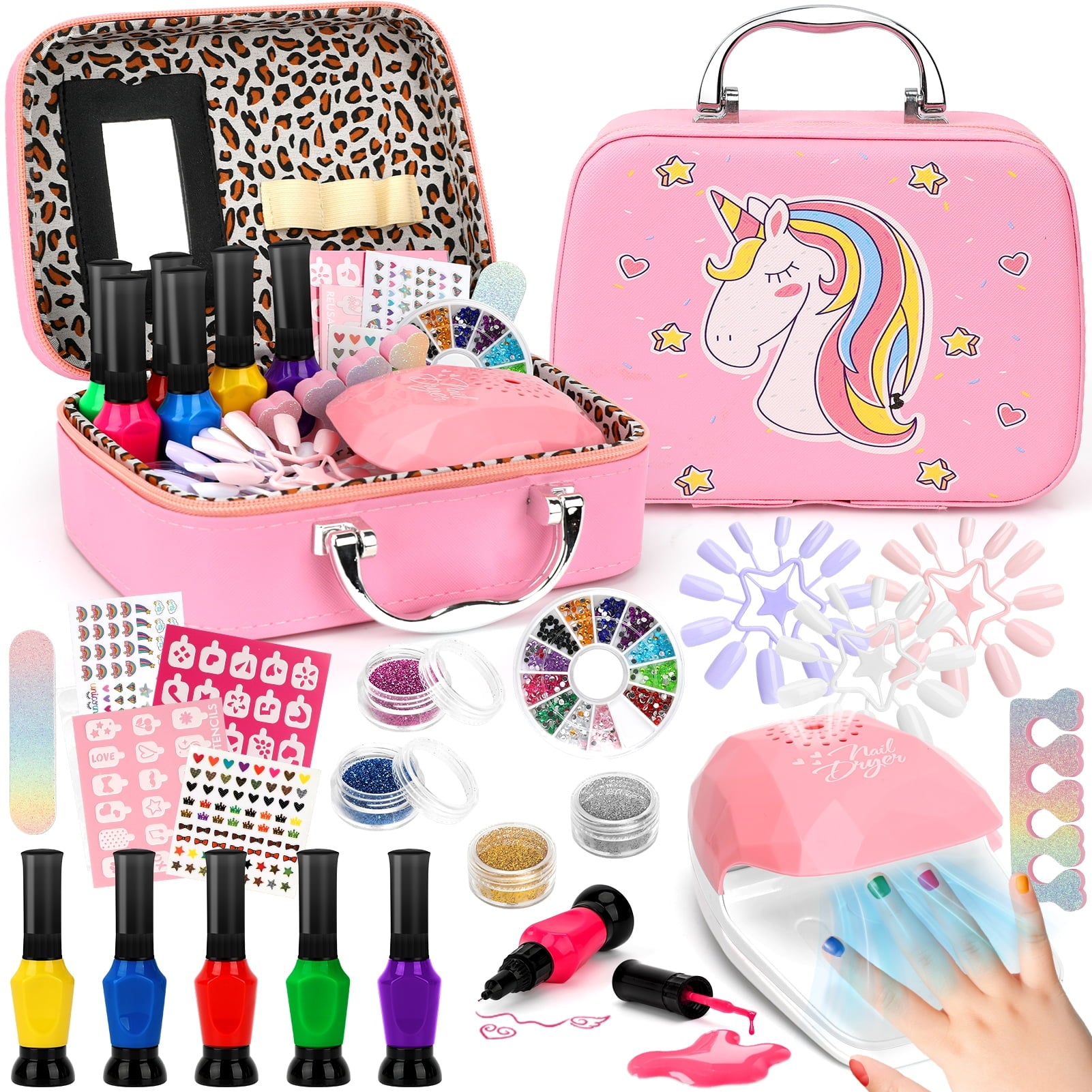 Sendida Kids Nail Art Kit with Dryer & Stickers - Princess Makeup Toys Gift for Girl Ages 3-12