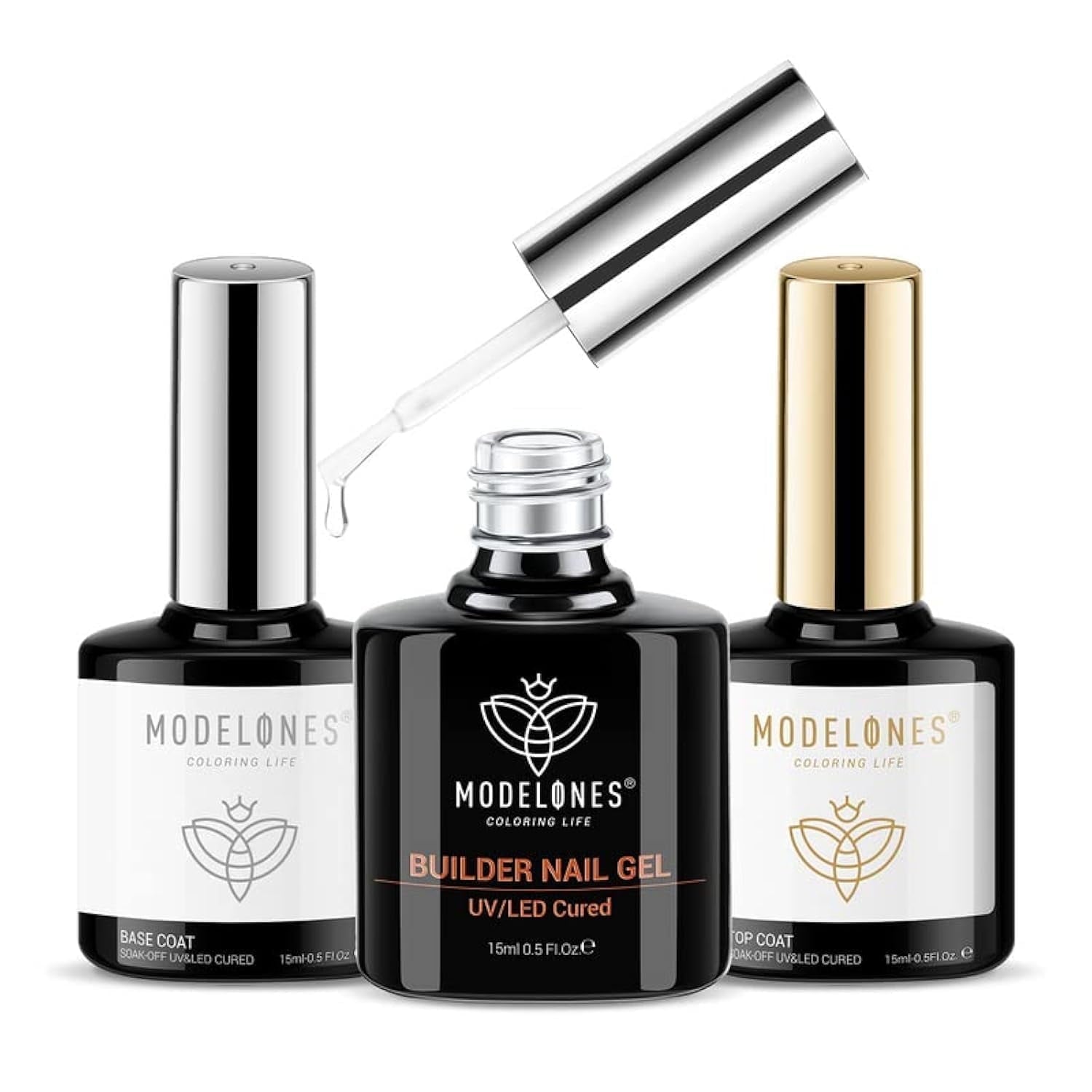 modelones Builder Nail Gel with Gel Top and Base Coat, 3Pcs Gel Nail Kit for Nail Thickening Apex Building Nail Extension Rhinestone Gel Nail Glue, LED Nail Lamp Cured